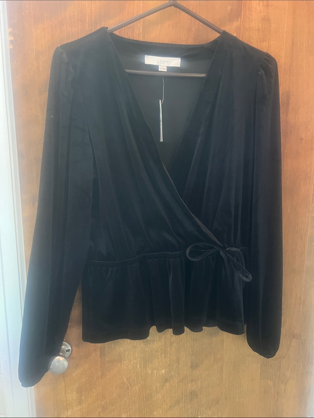 LOFT Black Velvet Wrap Top with Side Tie